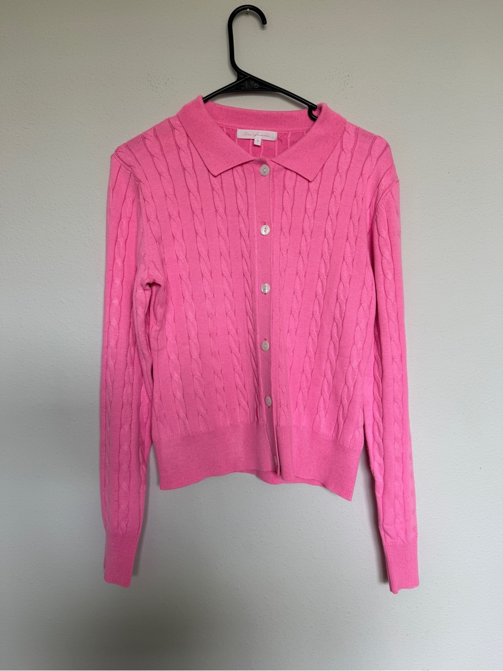 Ces Femme Pink Cable-Knit Polo Collar Button Cardigan